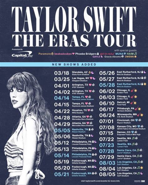 The singer will kick off her world tour February 19 in Singapore. She'll bring the show Stateside on May 27 in Omaha, Nebraska. Before the tour wraps October 8 in Dallas, Swift will have played 87 ...